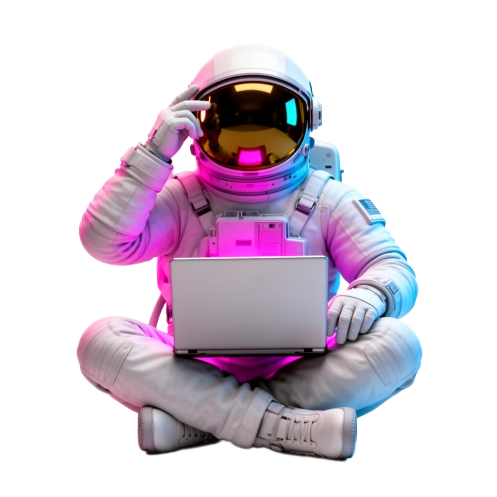 Astronauta con laptop iluminado por luces neón rosa y azul
